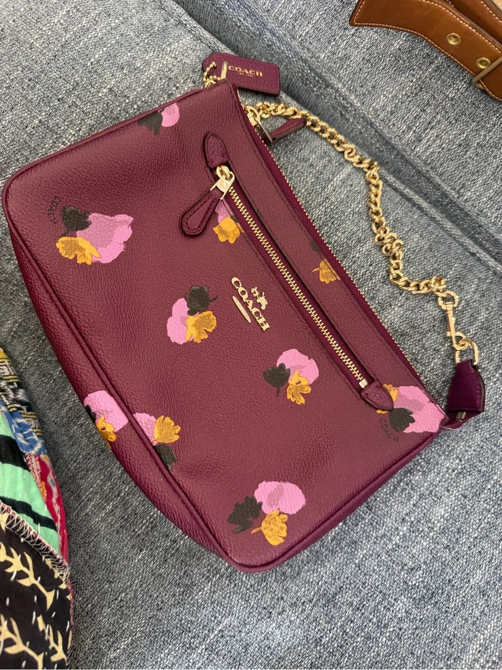 COACH 65152 Nolita 24 Wristlet Burgundy Purple Pebble Leather floral chain bag